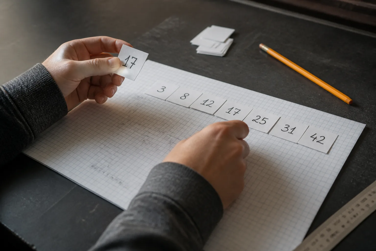 Hands arranging a small data set before drawing a box and whisker plot