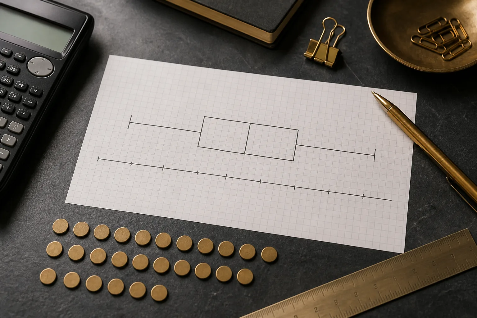 A completed box and whisker plot beside the calculations used to create it