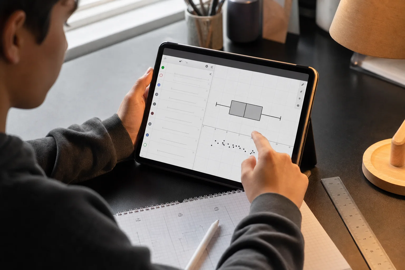 A practical workspace for how to make a box and whisker plot on desmos