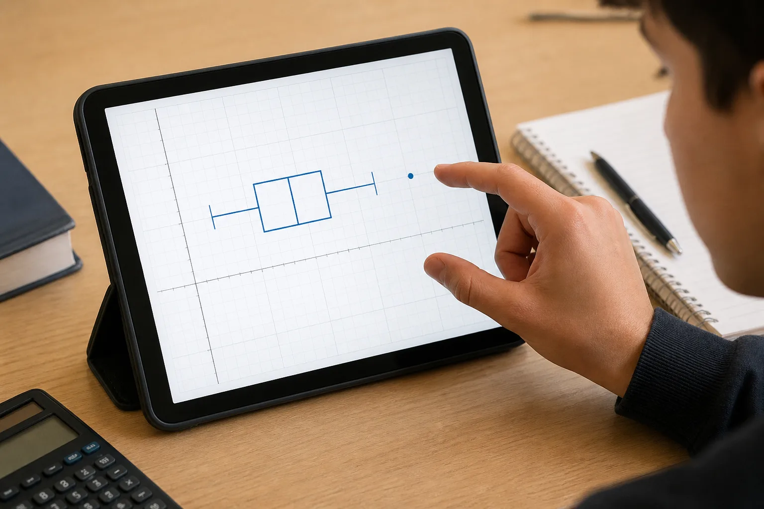 A graphing calculator viewport adjusted to show a complete box plot
