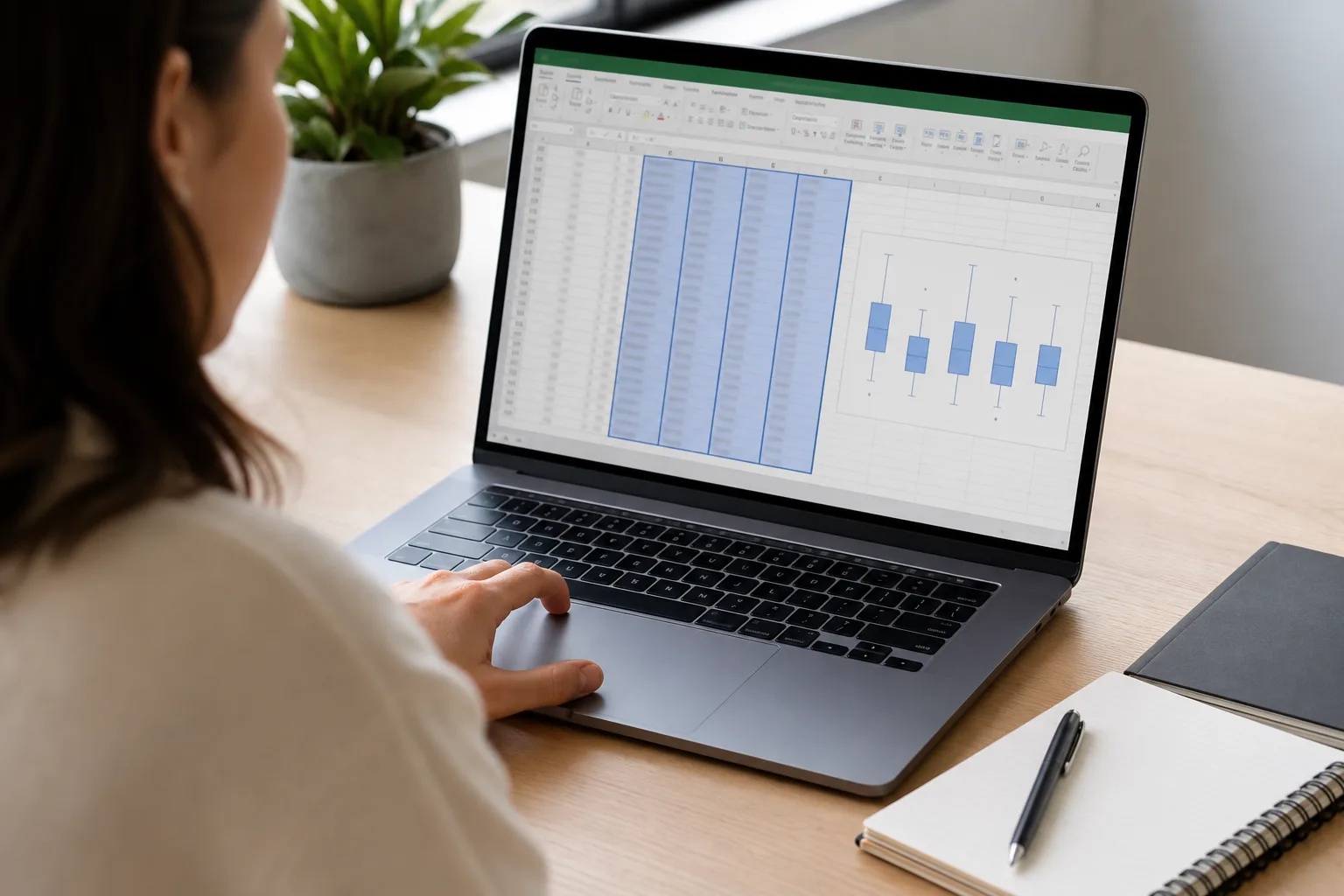 A spreadsheet user creating a box and whisker chart from selected columns