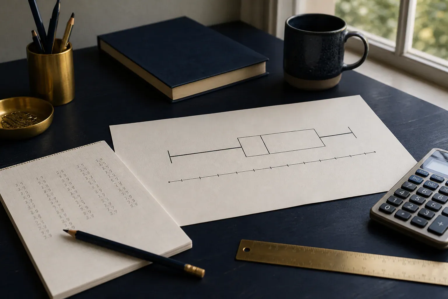 A box and whisker plot on an analyst's desk with a calculator, ruler, and data notes
