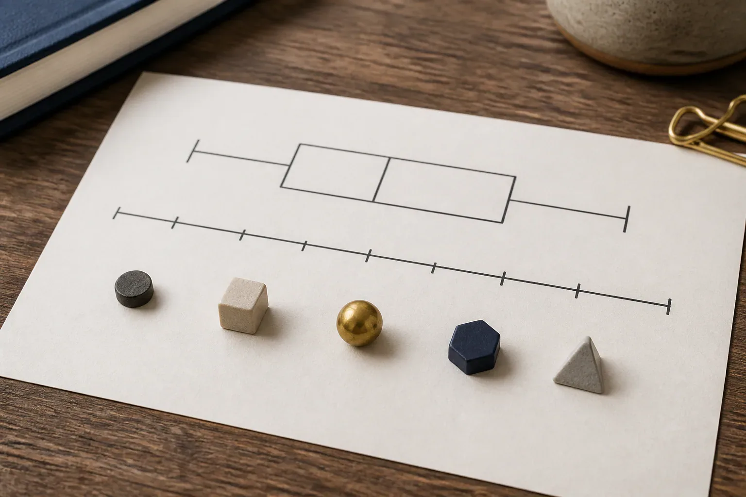Five distinct markers arranged beneath a box plot to represent the five-number summary