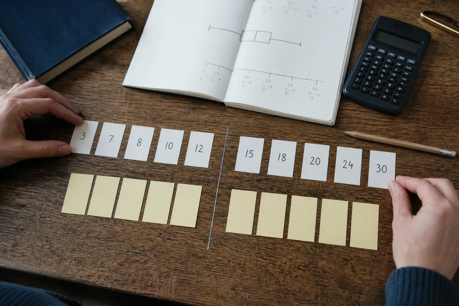 Hands separating ordered number cards into lower and upper halves to calculate quartiles