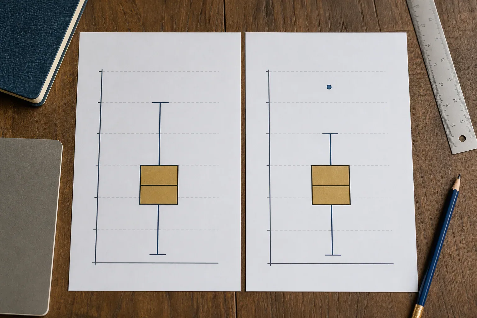 Traditional and modified box plots shown side by side, with an outlier separated from the modified plot