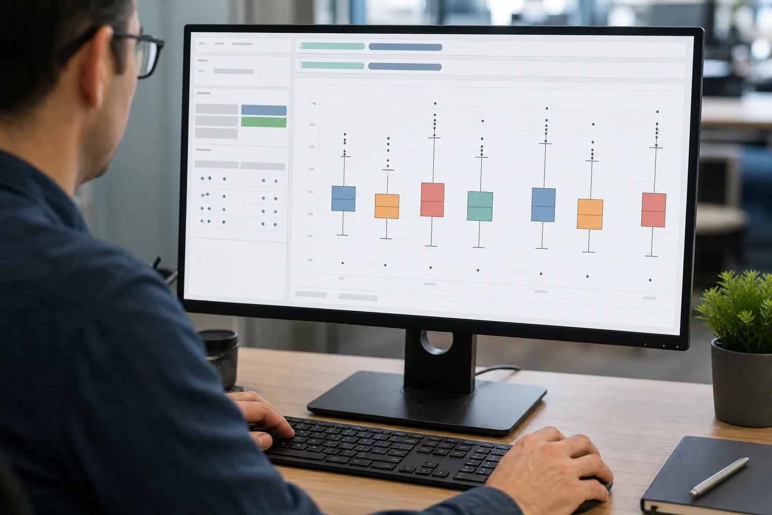 A data analyst building grouped box plots in a visual analytics dashboard